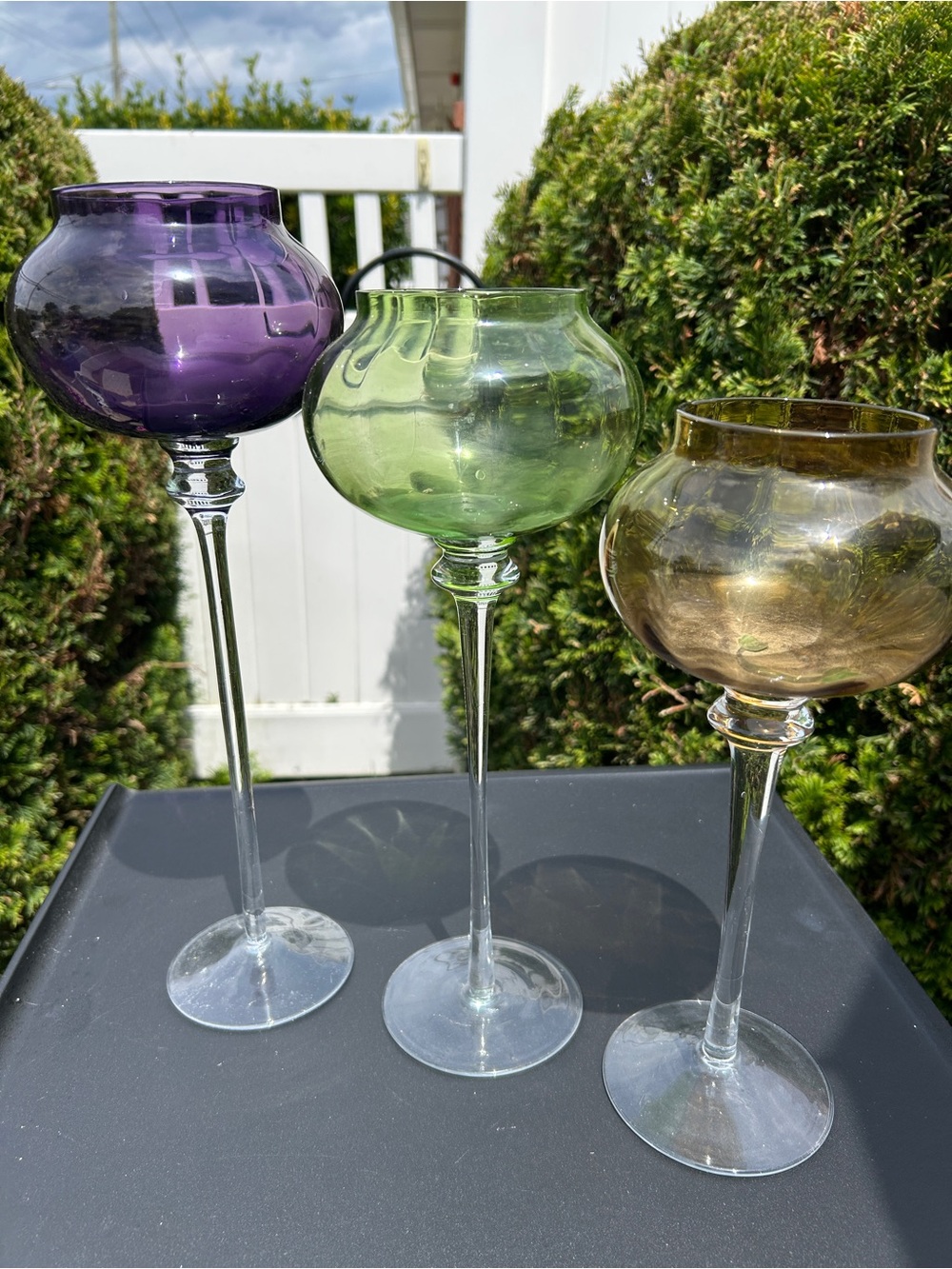 Set of 3 Colored Glass Candle Holders - Purple, Green, Amber